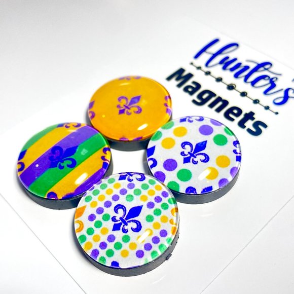 Set of 4 Magnets Mardi Gras Fleur de lys Glass Refrigerator Kitchen Whiteboard - Picture 3 of 3
